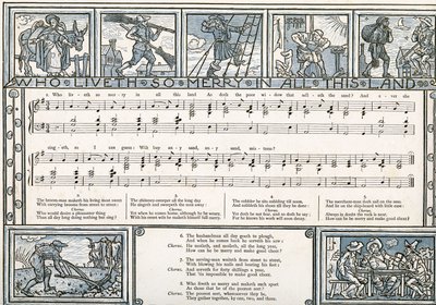 &39;Who Liveth So Merry em toda esta terra&39;, ilustração da canção de &39;Pan-Pipes&39;, um livro das canções velhas, recentemente arranjado e com acompanhamentos por Theo. Marzials, publicado em Londres por George Routledge und So de Walter Crane